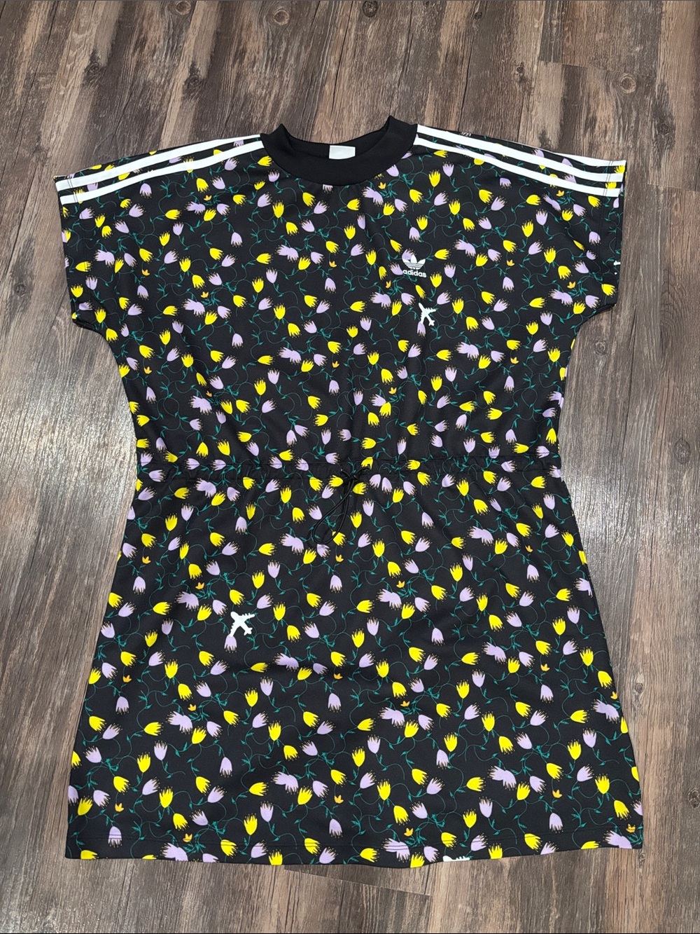 adidas Black Mini Dress with Yellow & Light Purple Floral Print